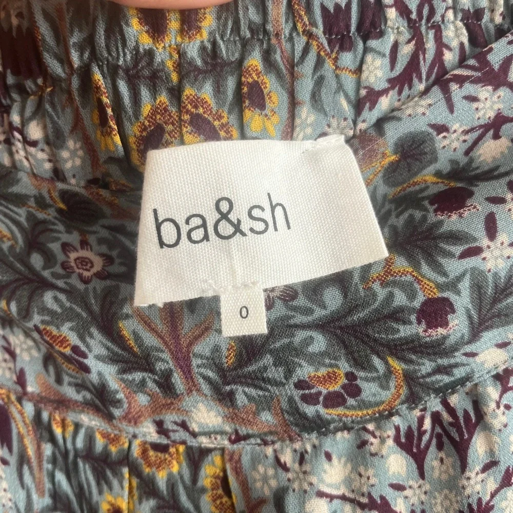 ba&sh Floral Tiered Ruffle Midi Skirt Sage Blue Moody Vintage Print 0 XS